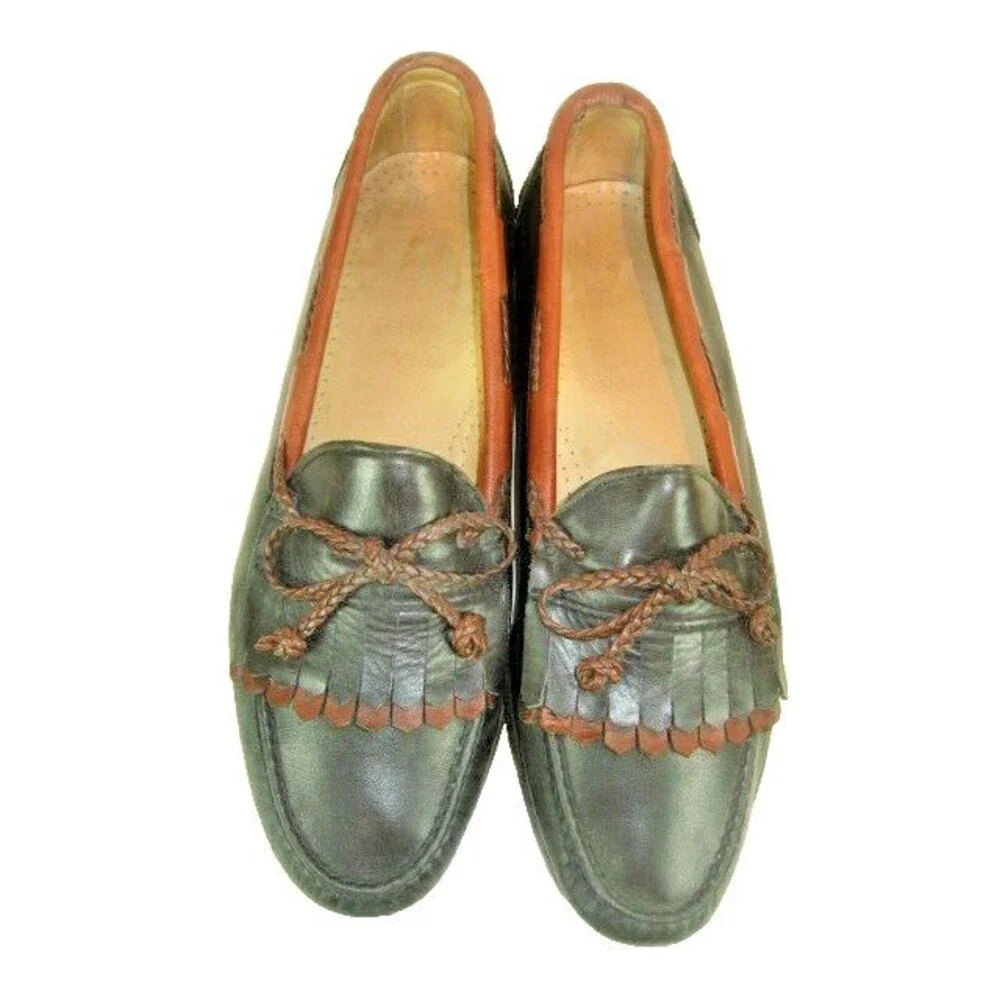 Mens Woodstock 2 Tone Black/Tan Leather Tassel Kilt Casual Loafers sz 10D